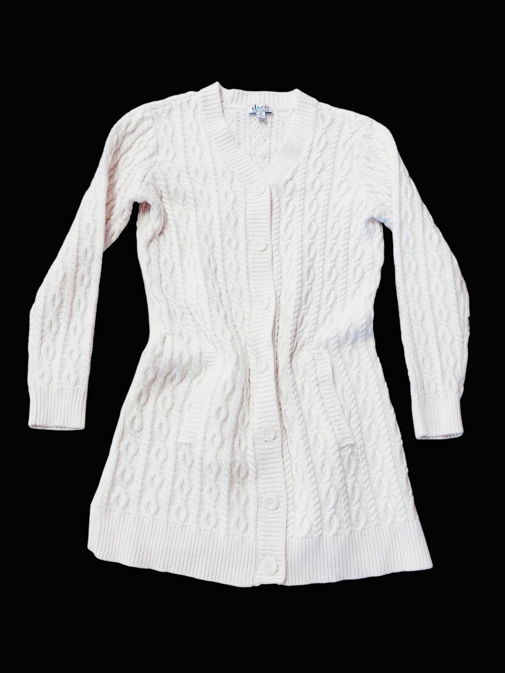 Denim & Company Cream Long Super Soft Cable Knit Cardigan Pockets Medium EUC